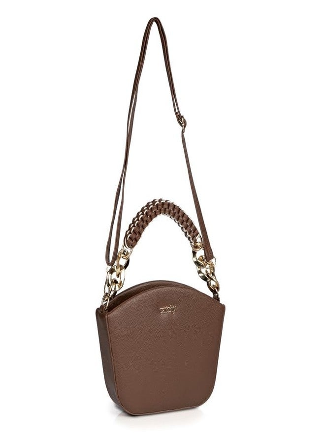 كاتشي حقيبة كتف نسائية جذابة من الجلد الصناعي البني مع سحاب إغلاق - Image 3